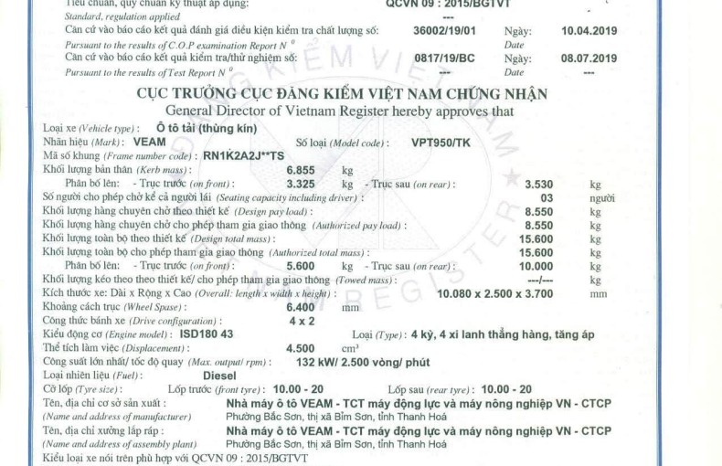 XE TẢI VEAM VPT950 THÙNG KÍN 2024